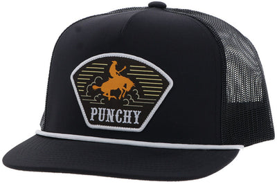 Punchy - Mens Cavvy 5-Panel Trucker Cap With Patch — Black/Black/White/Orange