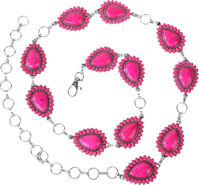 Rustic Couture - Womens Oval Stone Concho Link Chain Belt — Hot Pink