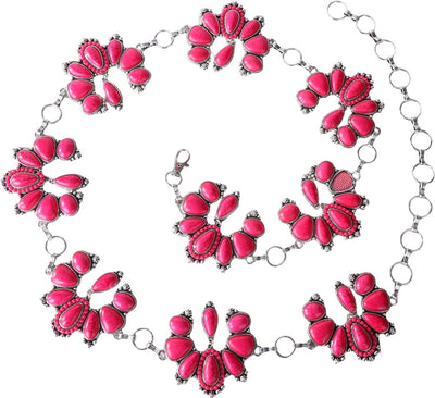 Rustic Couture - Womens Etched Oval Flower Stone Concho Link Chain Belt — Hot Pink