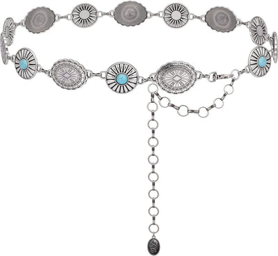Rustic Couture - Womens Etched Oval Turquoise Stone Centered Concho Link Chain Belt — Turquoise
