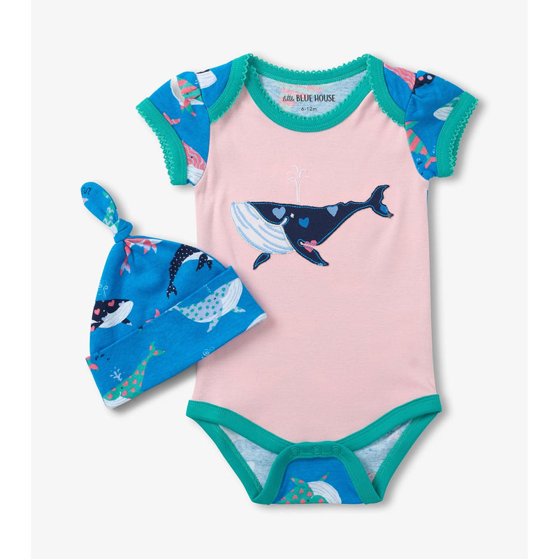 Little Blue House - Fun Whales Baby Bodysuit with Hat