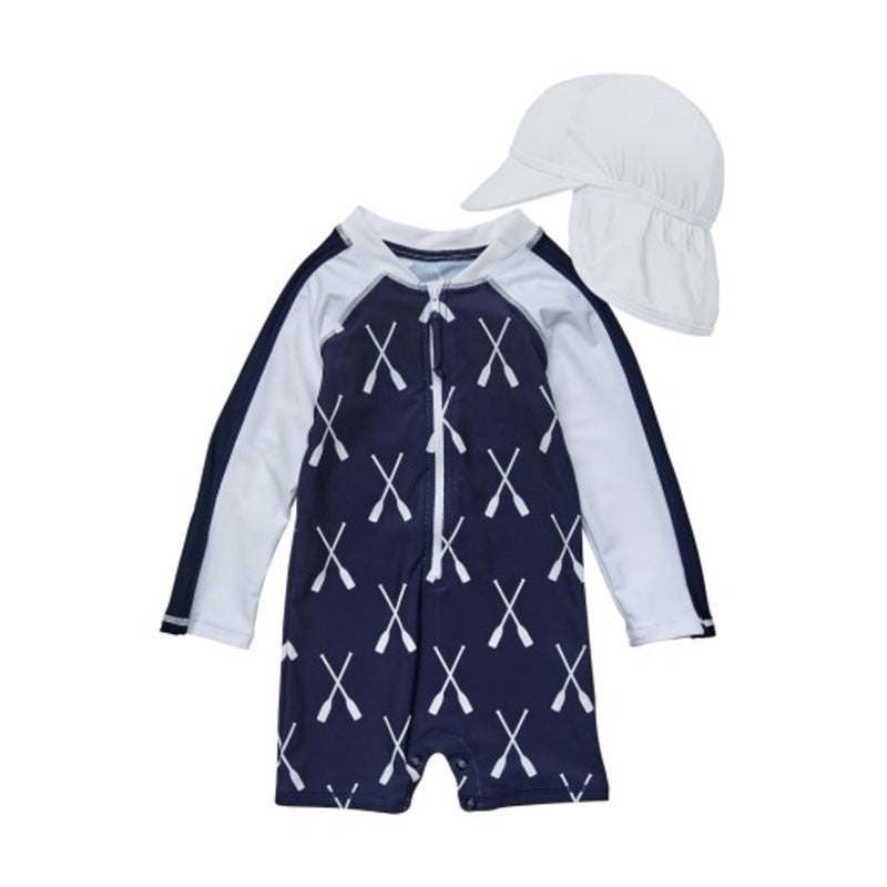 Snapper Rock - Boys Riviera Rowers Flap Hat and Long Sleeve Sunsuit Set