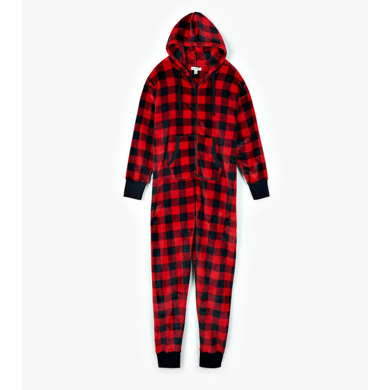 Little Blue House - Unisex Buffalo Plaid Adult Hooded Fleece Jumpsuit
