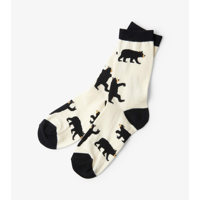 Little Blue House - Black Bears on Natural Womens Crew Socks