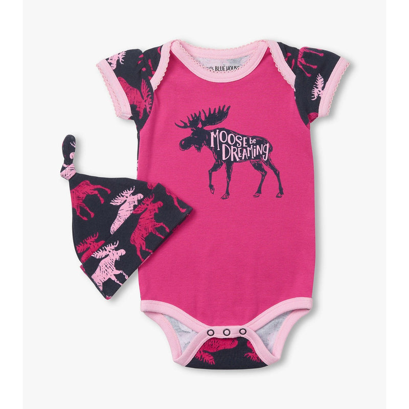 Little Blue House - Raspberry Moose Baby Bodysuit and Hat