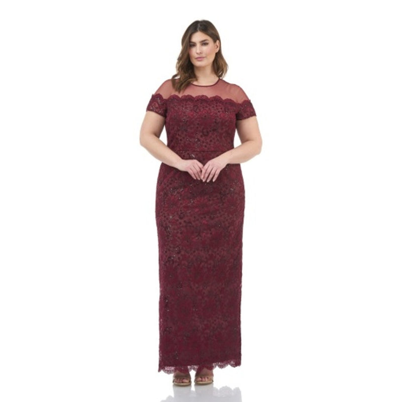 JS Collections - Womens Illusion Shoulder Sequin Corded Lace Straight Gown