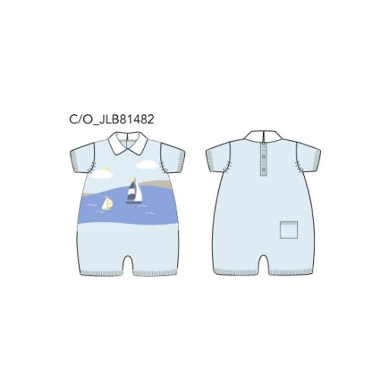 Janie and Jack - B S Blue Sailboat Scenic Collar Romper E2