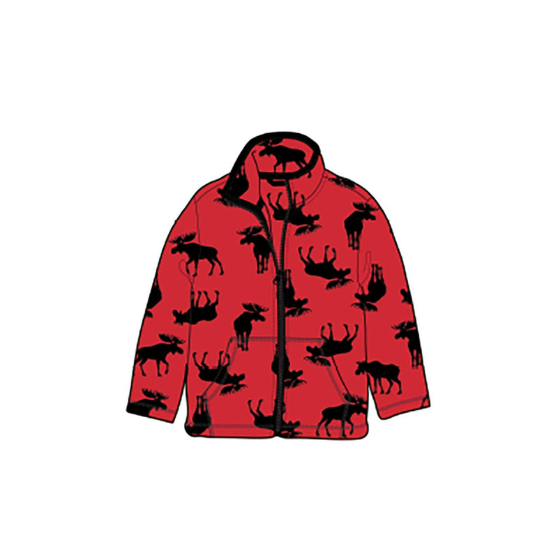 Little Blue House - Moose on Red Kids Fleece Zip Up Jacket