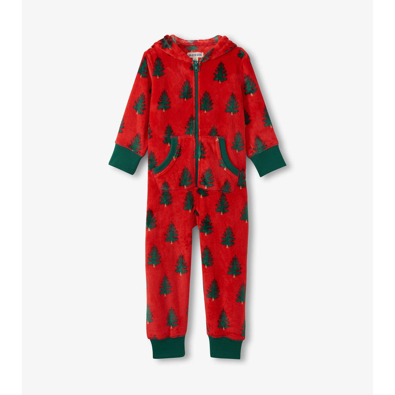 Little Blue House - Trees on Red Kids Hooded Fleece Jumpsuit