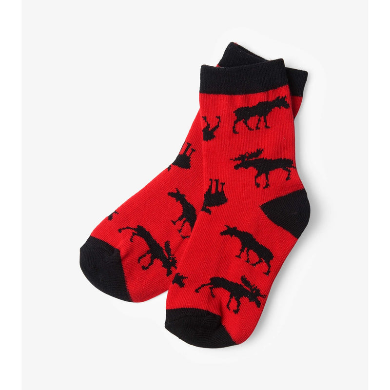 Little Blue House - Moose on Red Kids Crew Socks