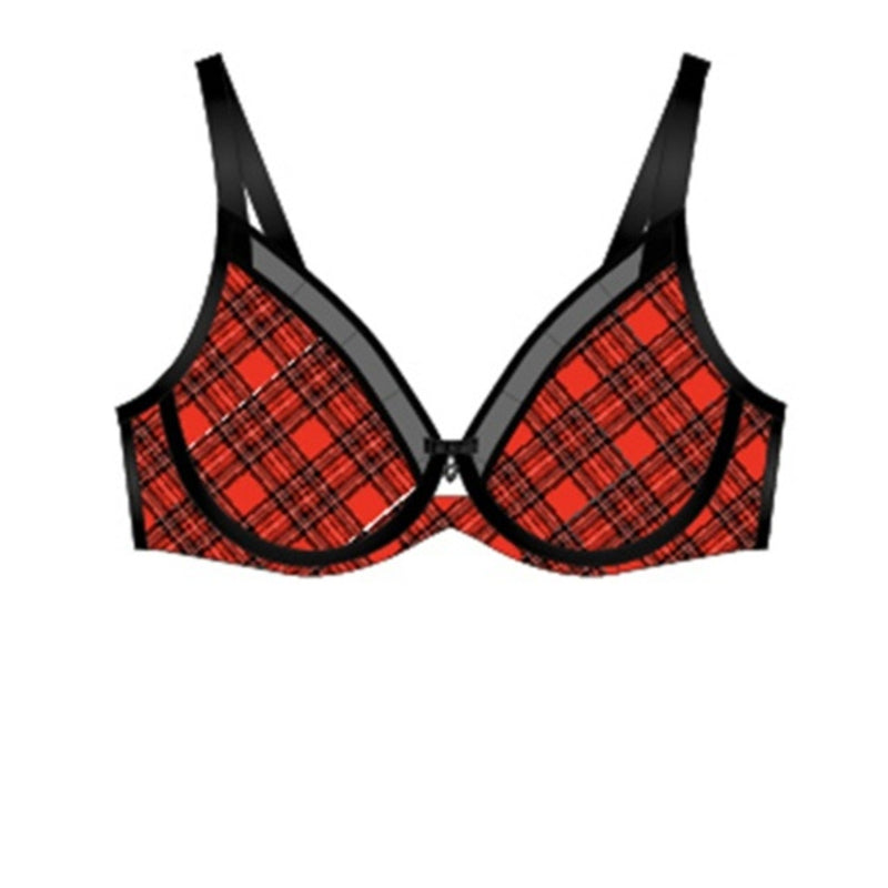 Ariela - Womens Sheer Mesh Unlined Underwire Bra - Diva Red Plaid
