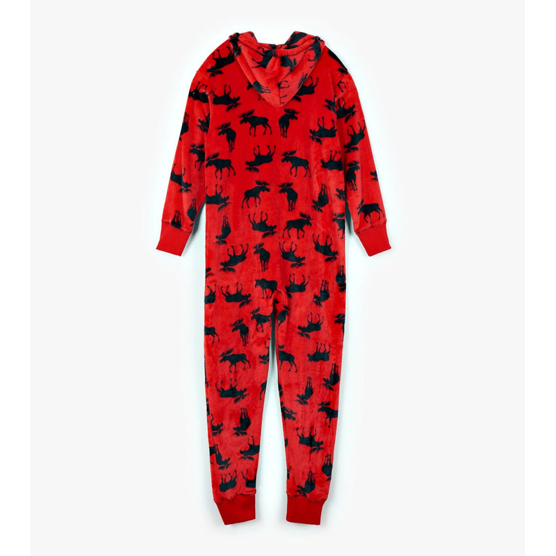 Little Blue House - Unisex Moose on Red Adult Hooded Fleece Jumpsuit