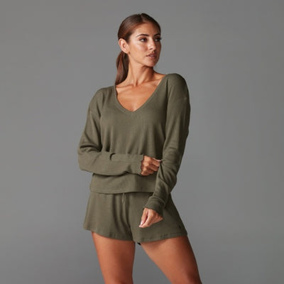 Thirty Three Threads - Unisex Lounge Waffle Long Sleeve Top Olive
