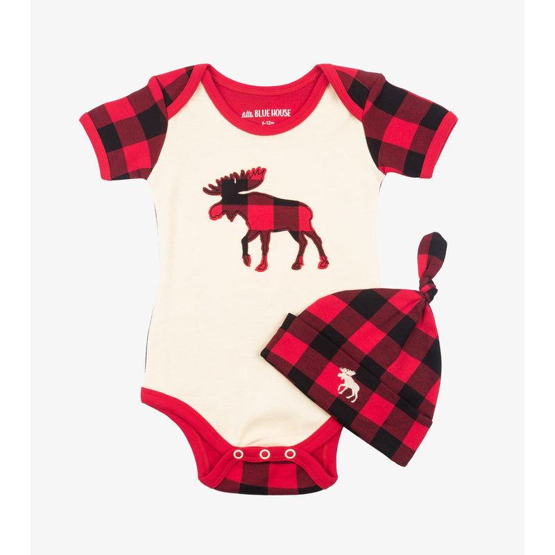 Little Blue House - Plaid Moose Baby Bodysuit & Hat