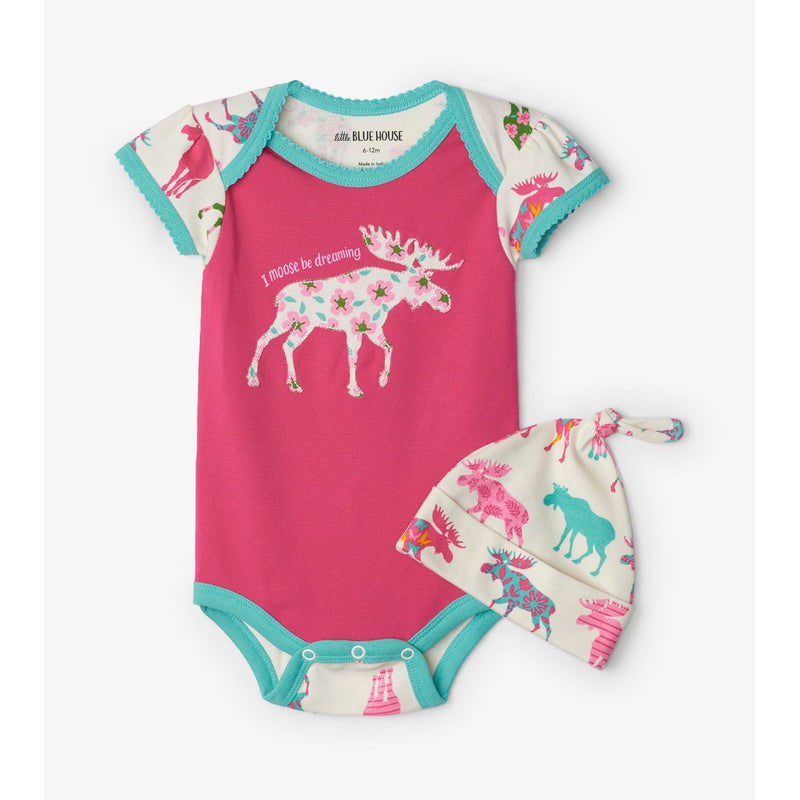 Little Blue House - Patterned Moose Baby Bodysuit & Hat