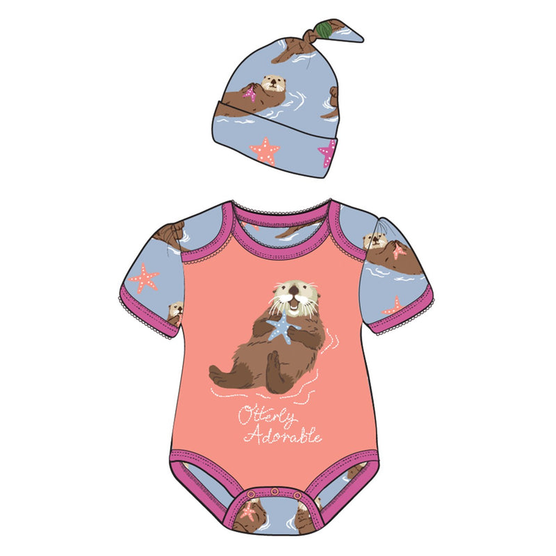 Little Blue House - Happy Otters Baby Bodysuit with Hat