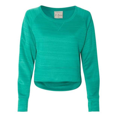 J. America - Womens 8663 Odyssey Striped Performance Fleece Hi-Low Crewneck Sweatshirt — Dynasty Green Stripe
