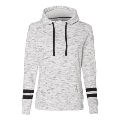 J. America - Womens 8674 MÃ©lange Fleece Striped-Sleeve Hooded Sweatshirt — White/Black