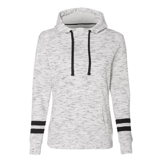 J. America - Womens 8674 MÃ©lange Fleece Striped-Sleeve Hooded Sweatshirt — White/Black