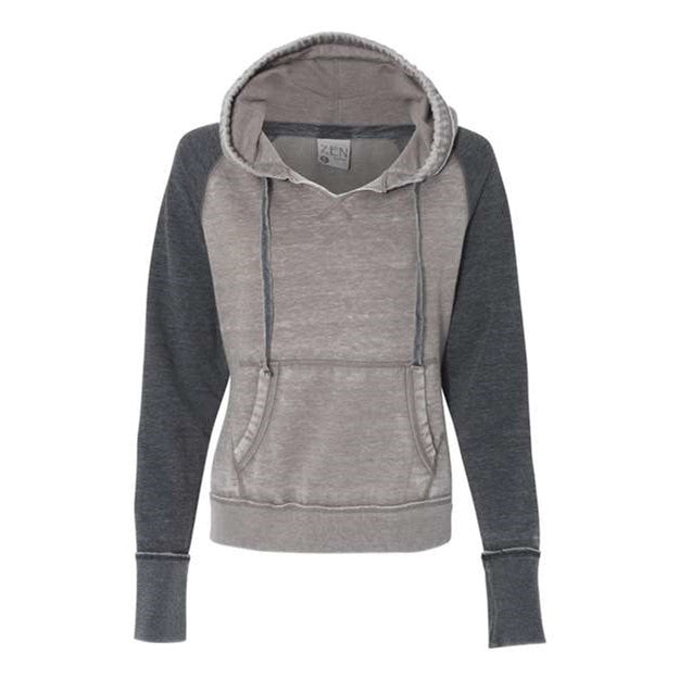J. America - Womens 8926 Zen Fleece Raglan Hooded Sweatshirt — Cement/Dark Smoke