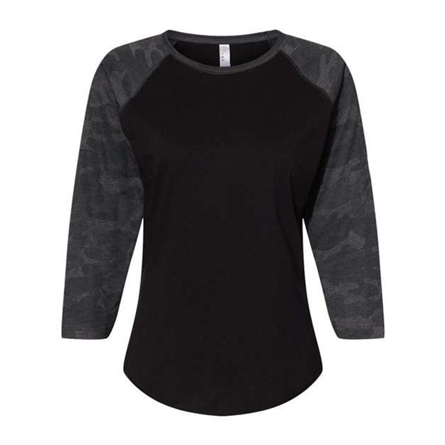 Lat - Womens 3530 Baseball Fine Jersey Three-Quarter Sleeve Tee — Black/Storm Camo