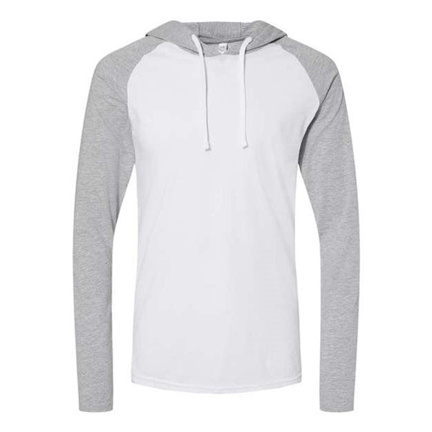 Lat - Mens 6917 Fine Jersey Hooded Long Sleeve Raglan T-Shirt — Blended White/Vintage Heather/White
