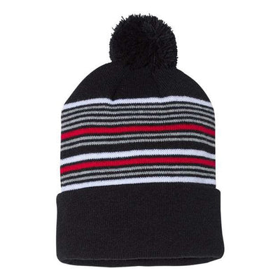 Sportsman - Mens Sp60 12" Striped Pom-Pom Knit Beanie — Black/White/Grey/Red