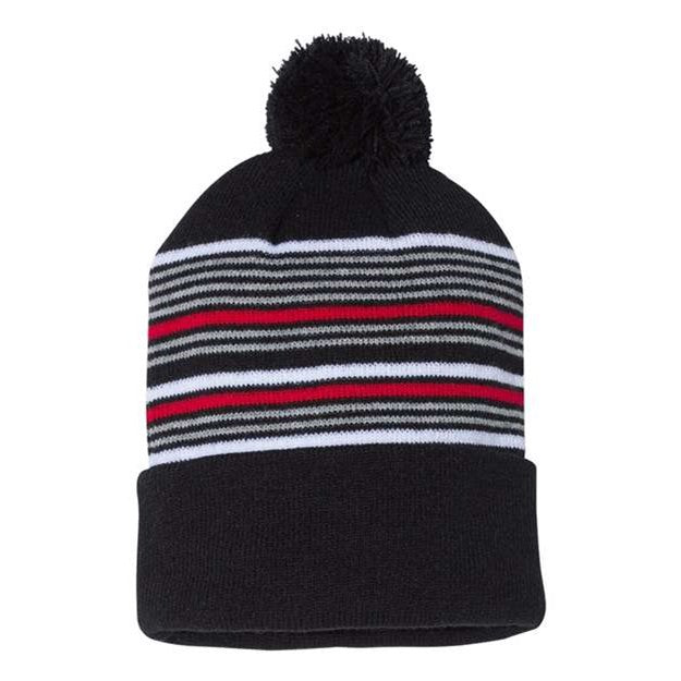 Sportsman - Mens Sp60 12" Striped Pom-Pom Knit Beanie — Black/White/Grey/Red