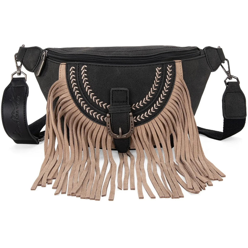 Montana West - Womens Buckle Fringe Collection Fanny Pack — Black