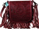 Montana West - Womens Genuine Leather Tooled Collection Fringe Crossbody Bag