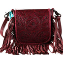 Montana West - Womens Genuine Leather Tooled Collection Fringe Crossbody Bag