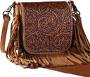 Montana West - Womens Genuine Leather Tooled Collection Fringe Crossbody Bag