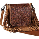 Montana West - Womens Genuine Leather Tooled Collection Fringe Crossbody Bag