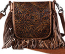 Montana West - Womens Genuine Leather Tooled Collection Fringe Crossbody Bag