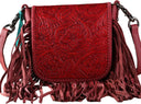 Montana West - Womens Genuine Leather Tooled Collection Fringe Crossbody Bag