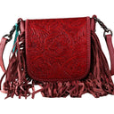 Montana West - Womens Genuine Leather Tooled Collection Fringe Crossbody Bag