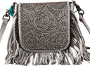 Montana West - Womens Genuine Leather Tooled Collection Fringe Crossbody Bag