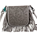 Montana West - Womens Genuine Leather Tooled Collection Fringe Crossbody Bag