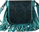 Montana West - Womens Genuine Leather Tooled Collection Fringe Crossbody Bag