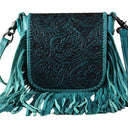 Montana West - Womens Genuine Leather Tooled Collection Fringe Crossbody Bag