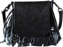 Montana West - Womens Genuine Leather Tooled Collection Fringe Crossbody Bag