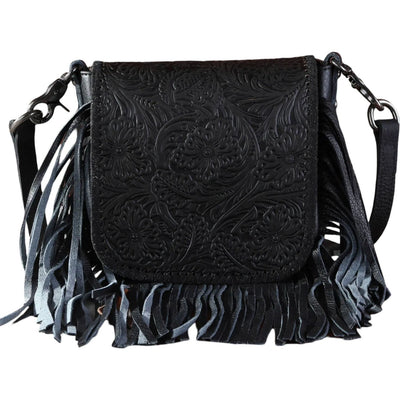 Montana West - Womens Genuine Leather Tooled Collection Fringe Crossbody Bag