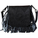 Montana West - Womens Genuine Leather Tooled Collection Fringe Crossbody Bag