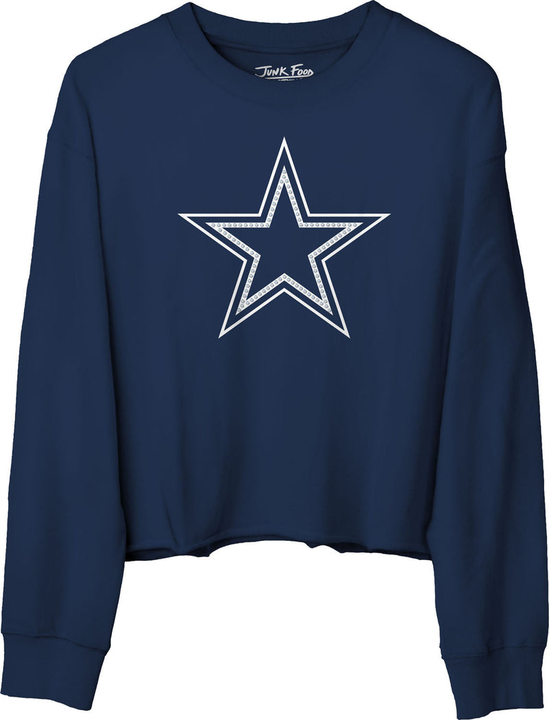 Junk Food - Womens Cowboys Bling Crop Crew Neck Fleece Sweatshirt