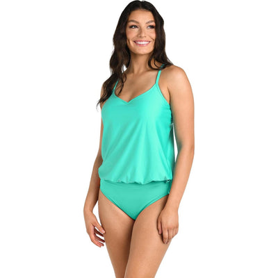 24Th & Ocean - Womens Solid V-Neck Blouson Tankini — Aquamarine