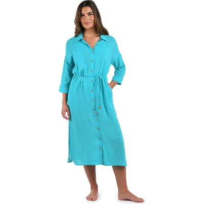 La Blanca - Womens Sea Cove Button Up Shirt Swim Cover-Up Dress — Teal