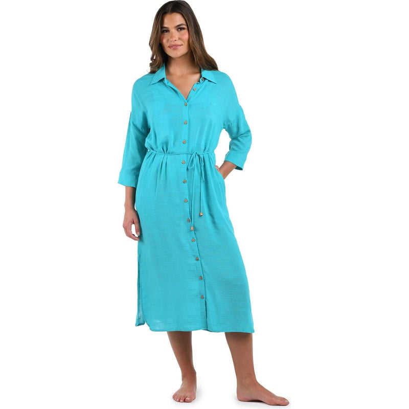 La Blanca - Womens Sea Cove Button Up Shirt Swim Cover-Up Dress — Teal