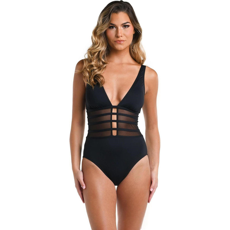 La Blanca - Womens Ig Strappy Off The Shoulder Mesh One Piece Swimsuit — Black