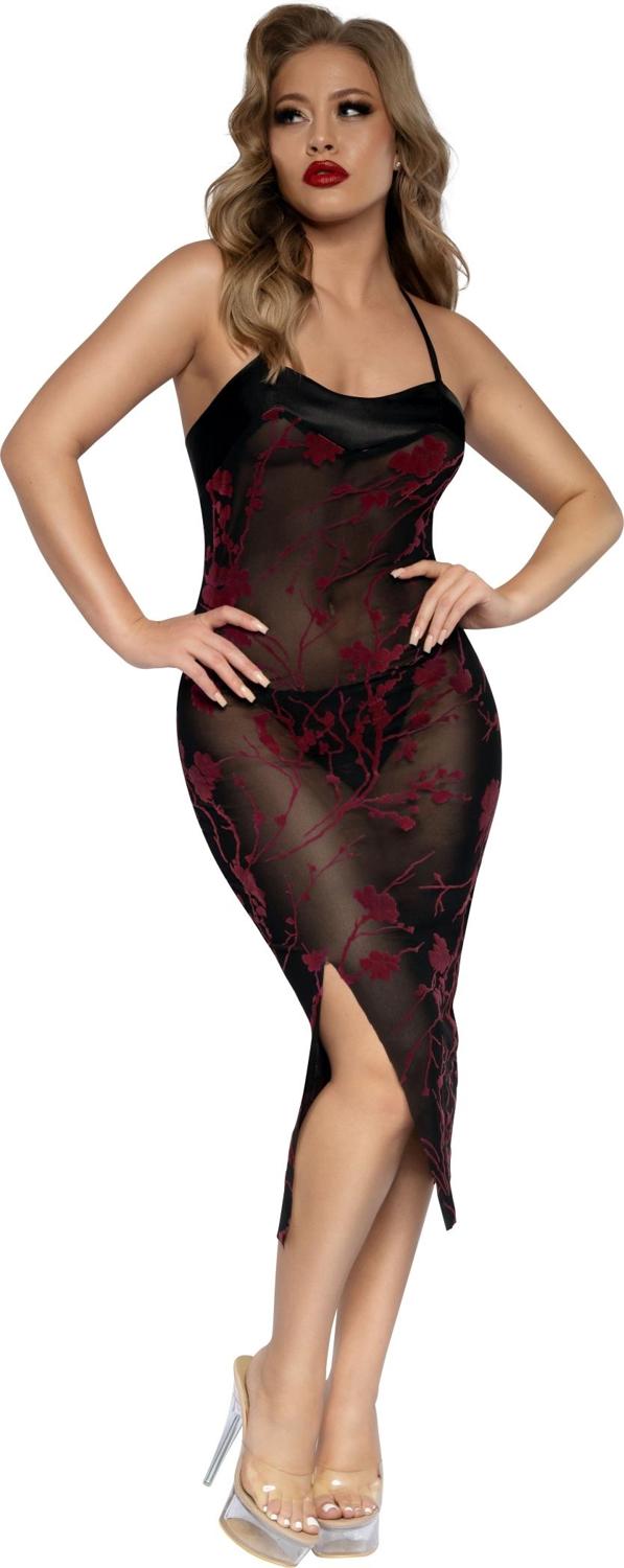Dreamgirl - Womens Red Diamond Flocked Mesh Slit Dress And G-String Set