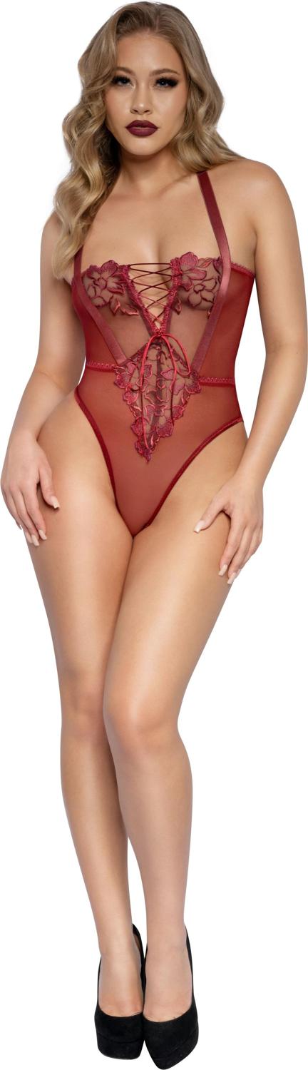 Dreamgirl - Womens Stretch Floral Lace Lace-Up Teddy